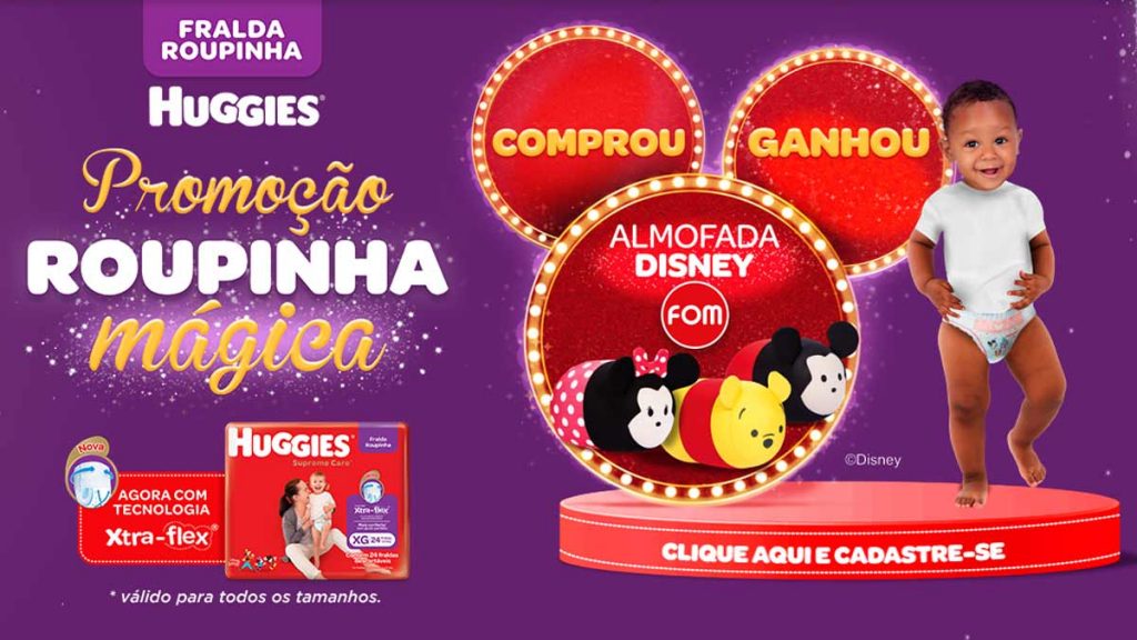 Promoção roupinha mágica Huggies com almofadas Disney